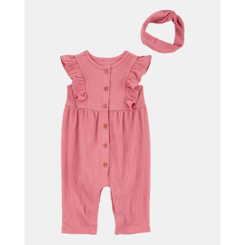 Baby Girl 2-Piece Solid Flutter-Sleeve Relaxed Fit Jumpsuit & Headwrap Outfit Set - Pink
 | Carter's
