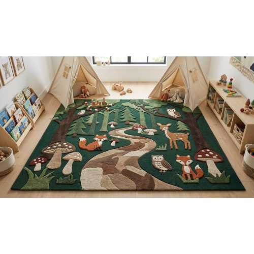 Kids Woodland Area Rug – Handmade Wool Tufted Forest Animal Playroom Carpet booking for living area rug
