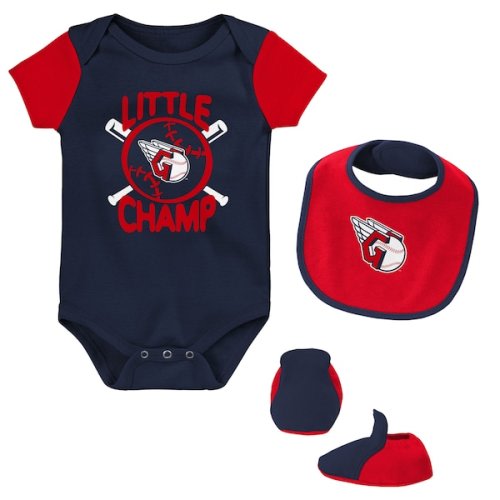 Newborn & Infant Cleveland Guardians Navy/Red Little Champ Three-Pack Bodysuit, Bib & Booties Set