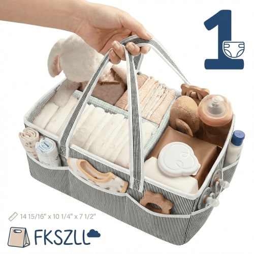 Baby Diaper Caddy Organizer, Portable Canvas Nursery Storage Basket for Changing Table Registry Must Haves and Baby Shower Gifts
