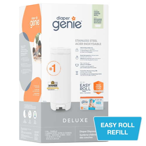 Diaper Genie Infant Deluxe Pail with 9 Easy Roll Bags, White