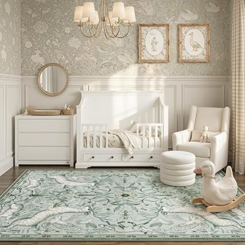 Lahome 5x7 Washable Area Rug for Living Room, Woodland Deer Boho Animal Rug, Vintage Botanical Light Green Non-Slip Low Pile Large Carpet for Bedroom Dining Room Nursery Farmhouse Decor