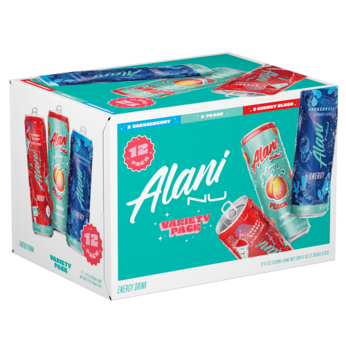 Alani Nu Sugar-Free Energy Drink, 12 Pack Variety of 12 fl oz Cans, Juicy Peach, Cherry Slush, Breezeberry (Pack of 12)