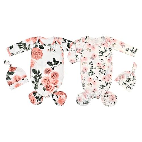 Newborn Baby Sleeper Gown with Beanie 0-3 Months | 2 Packs, Floral, Knotted Nightgowns, Machine Wash, Coming Home Outfit