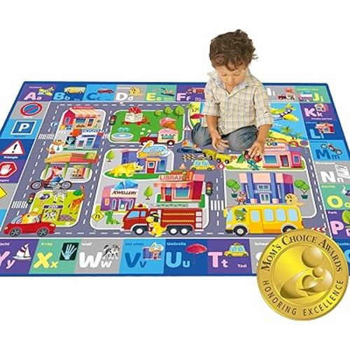 QUOKKA Floor Large Nursery Rug for Babies - Super Soft ABC Rug for Kids Toddlers & Infants - Extra Thick (0.3in) Large Padded Non-Slip Car Nursery Rug with City - Foldable Rug for Playroom