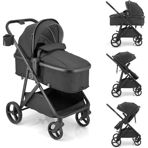 Gromast 3-in-1 Baby Stroller, Convertible Stroller for Newborn Infant Toddler with Reversible Seat, UPF 50+ Canopy & Cup Holder - Black