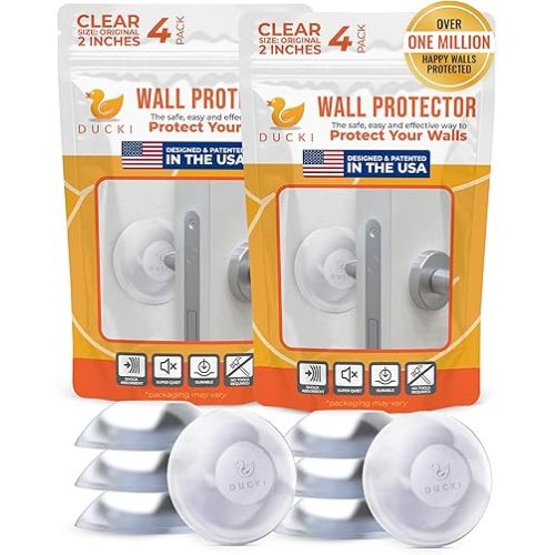 Ducki Door Stoppers for Wall 2" (8 Pack Clear) Self Adhesive & Discreet Home Door Knob Wall Protector - Quiet Door Bumper with Secure Adhesive - Rubber Door Stops - Shock Absorbent Door Handle Stopper