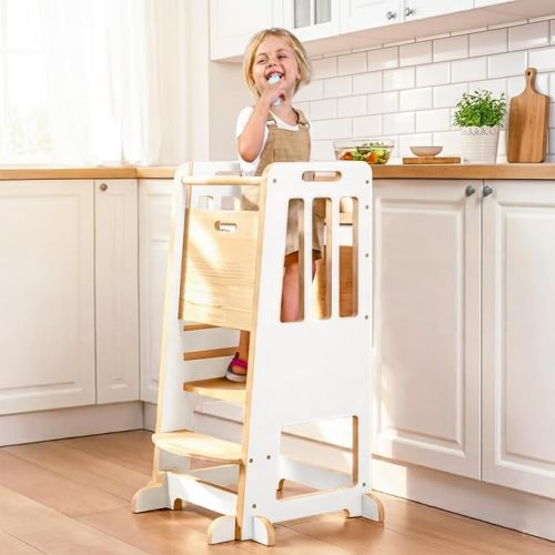 WINGYZ Toddler Tower - Anti-Tip Natural Wood Learning Stool for Kids 18M-6Y, 150lb Capacity Kitchen Helper Stool with 3-Height Adjustable Platform and Sliding Door Access, 20lb Portable Design, Wood