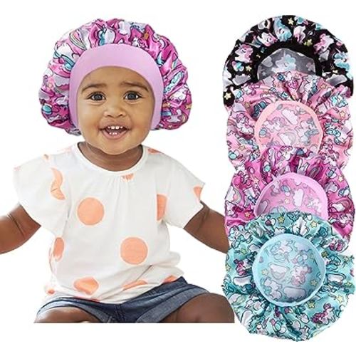 4 Pcs Silk Bonnet for Sleeping Kids Bonnets for Girls Baby Satin Sleep Cap Hair Wraps for Curly Natural Hair Elastic Wide Band