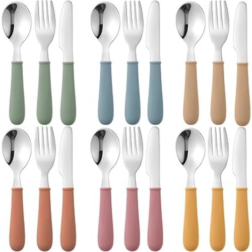 18 Pieces Toddler Utensils Kids Silverware with Silicone Handle Stainless Steel Toddler Fork Spoon Knife Set Children Flatware Set, 6 Colors