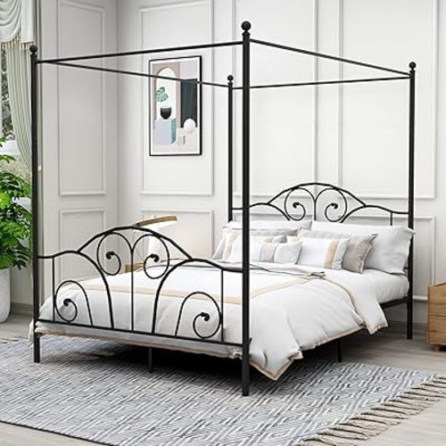 Queen Size Four-Poster Metal Canopy Bed Frame with Headboard and Footboard Sturdy Slatted Structure No Box Spring Needed Black