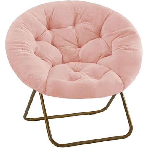 Comfortable Cozy Faux Fur Disc Chair Foldable Feature for Bedroom, Living Room and Dorm, Adult-Sized Relaxation, Pink