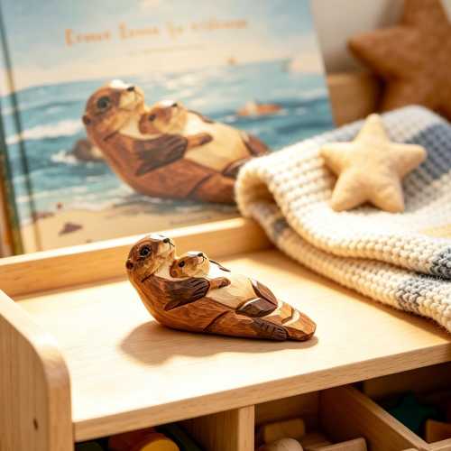 Sea Otter Family Figurine, Wooden Ocean Animal Decor, Otter Mom and Baby Shelf Decor, Montessori Nature Toy, Marine Lover Gift