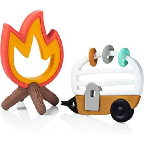 Lucy Darling Little Camper Baby Teether Set – 2 Textured Silicone Teething Toys (Camper & Campfire) for Babies 3–6 Months | BPA-Free, Easy to Hold & Clean | Baby Registry & Shower Gift