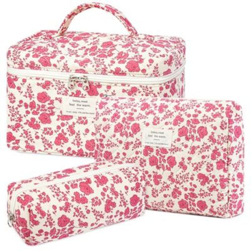 Narwey Floral Makeup Bag, 3 Pack Large Cotton Quilted Makeup Bag Set, Cute Floral Coquette Aesthetic Toiletry Bag