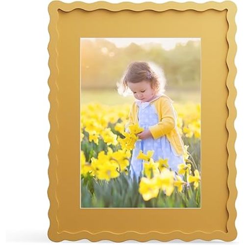 11x14 Picture Frame with Mat for 8x10, Wavy Edge Wooden Real Glass Photo Frame for Wall Hanging, Yellow, 1 Pack