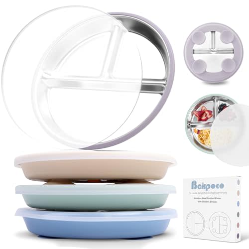 Bakpoco Stainless Steel Toddler Suction Plate with Lid, Deepened 9" Divided Plates with Removable Silicone Sleeves for Kids, Non Toxic Unbreakable Snack Dishes Set of 4, Sage Blue Beige Lilac