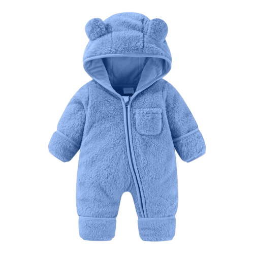 Newborn Fluffy Baby Girls Winter Romper Solid Color Onesie Plush Bear Ear Hooded Long Sleeve Jumpsuits Fashion Clothes