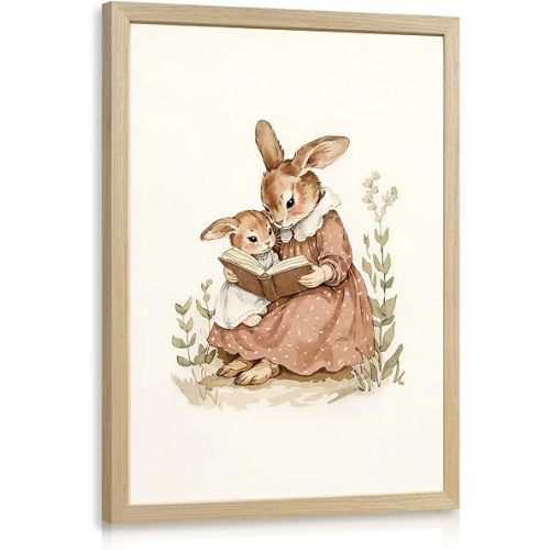 HLXRAE Vintage Bunny Nursery Wall Art, Cute Mother Baby Rabbit Reading Book Decor, Woodland Animal Storybook Poster Print, Whimsical Kids Bedroom Artwork for Girls Room Wood Framed 12x16 Inch