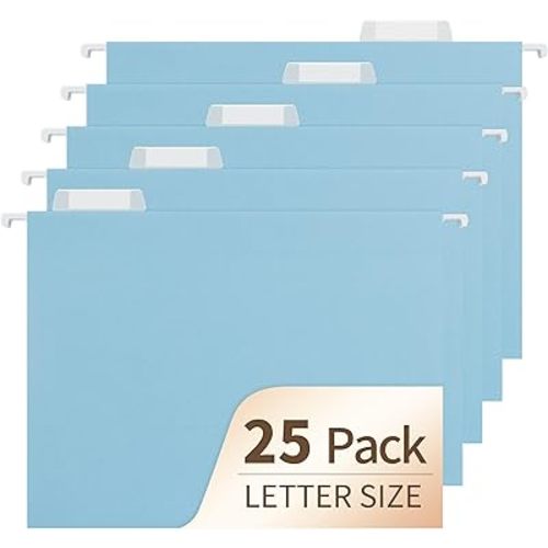 Blue Hanging File Folders,25 Pack Letter Size File Folders with 1/5-cut Tabs,Office Essentials for Filing Cabinet & Desk Storage
