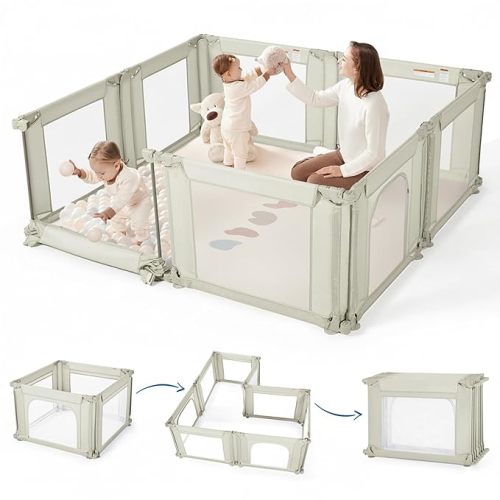Sweeby Baby Playpen, Foldable Playpens for Babies and Toddlers with Gate, Large Playpen with Door Play Yard for Baby Fence Indoor and Outdoor Portable Play Pen,(59"x59", Beige)