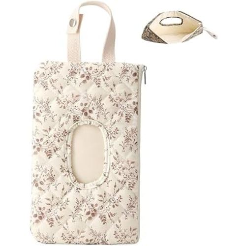 Portable Mommy Bag for Stroller, Refillable Floral Baby Wipe Holder Quilted Wipe Pouch with Lanyard for Casual Travel(Beige)