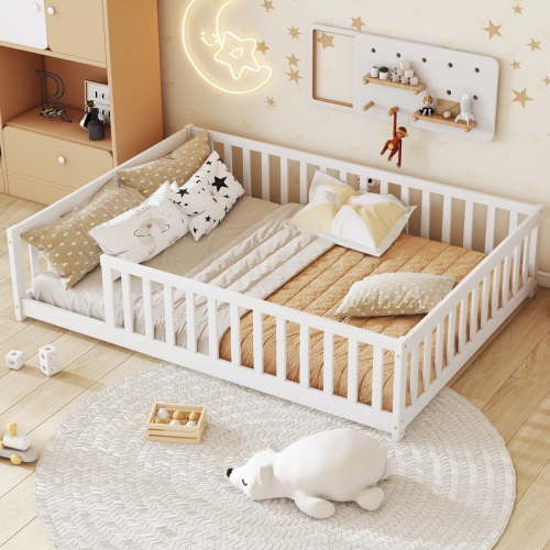 Bellemave Full Size Montessori Bed Frame with Slats and Rails, Solid Wood Full Floor Bed for Kids/Boys/Girls, No Box Spring Needed (White)