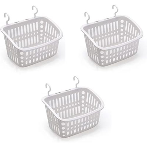 3PCS Plastic Hanging Baskets for Shower, Hanging Basket Organizer with Hooks, Rectangle 8.5Inches Small Hanging Storage Basket (Grey)
