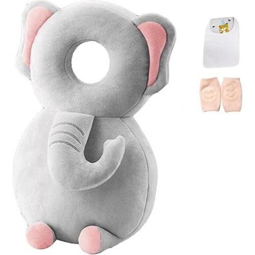 Baby Head Protector Backpack, Toddler Baby Head Protection Backpack with Baby Knee Pads Alarm Function for Walking & Crawling, Soft, Breathable and Wearing Safety Baby Head Protector - Grey Elephant
