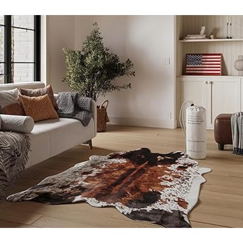 NativeSkins Faux Cowhide Rug – Original Brown (Small) | 3'1" x 4'1" | Cow Print | Western Bedroom Decor | Hand-Cut, Faux Suede No-Slip Backing | Western Rug | Animal Print | Cow Hide