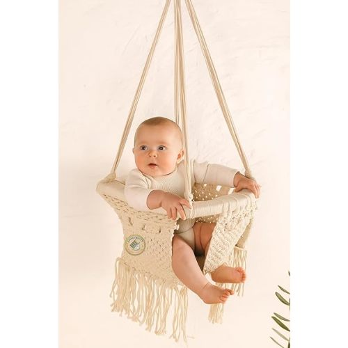 Macrame Baby Swing Chair | 100% Organic Cotton Rope, Boho Indoor/Outdoor Baby Hammock Swing with Cushion, Safety Belt, Portable, Eco-Friendly, Ideal for Infants & Toddlers up to 33 lbs