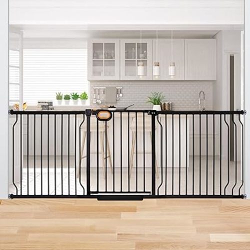 owlie Baby Gate Indoor 75-85 Inch, Extra Wide Safety Gate for Dogs Large Stairway Gate Adjustable Baby Gates Pressure Mount Wide Gate for Pet Stairway Doorway No Drilling Black (30.5'' Tall)