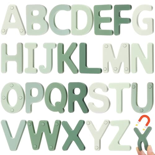 VioraWhite 26 Pcs Food Grade Silicone Letter Magnet (Sealed Magnet, Cpc Certified) Alphabet Magnetic Toddler Fridge Bulk ABC Educational Learning Toy for Kid Baby Girl Boy Gift (Greenery Color)