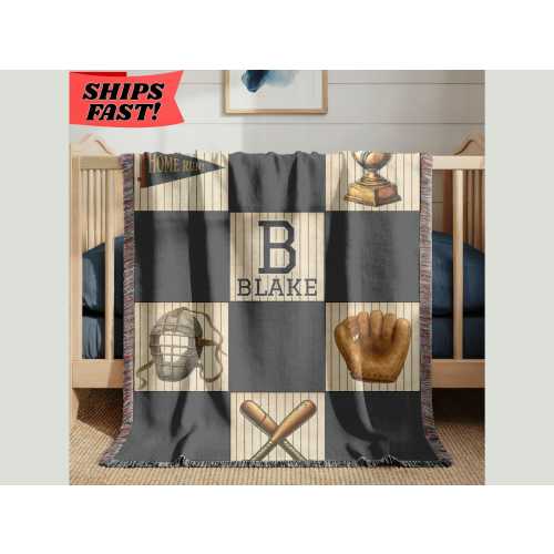 Personalized Vintage Baseball Blanket, Custom Name Sports Throw, Boys Baseball Nursery Decor, Baby Shower Sports Blanket For Baby Or Toddler