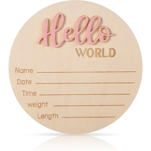 Newborn Announcement Sign, 5.9in Wooden Hello World Baby Welcome Sign Birth Baby Name Plaques for Newborn Boys and Girls Photo Props Shower Hospital Nursery (Light Pink)