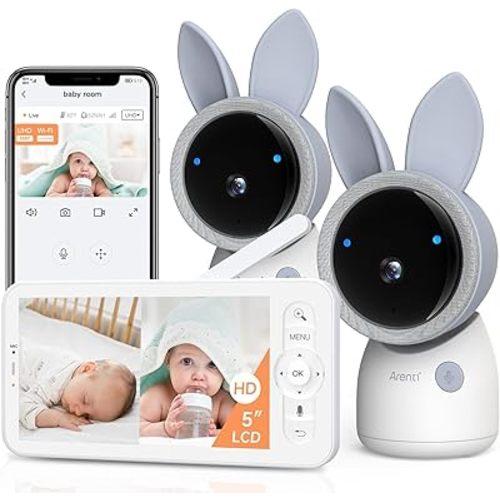ARENTI 4MP 2.4G&5G WiFi Baby Monitor with 2 Cameras and Audio, Night Light, Auto Traking, Cry&Motion Detection, Temperature Sensor, App Control