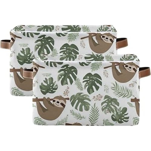 Aslsiy Storage Basket Sloth Tropical Leaves Nursery Bins Baby Box Canvas Clothes Shelf Basket Laundry Hamper Gift Baskets for Home Closet 2 Pcs