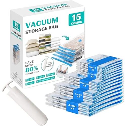 15 Pack Vacuum Seal Bags for Clothing &Travel, Space Saver Vacuum Storage Bags for Blankets,Luggage,Clothes,Comforter, Hand Pump Included (3 Jumbo,3 Large,3 Medium,3 Small,3 Roll）