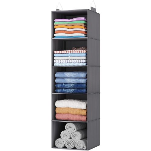 Lifewit 5 Tier Hanging Closet Organizer and Storage for Shelves, Foldable Clothes Shelf with 2 Sturdy Hooks, Sweater/Coat/Shoes Clothing Organization for Wardrobe, Dorm, Bedroom, Gray