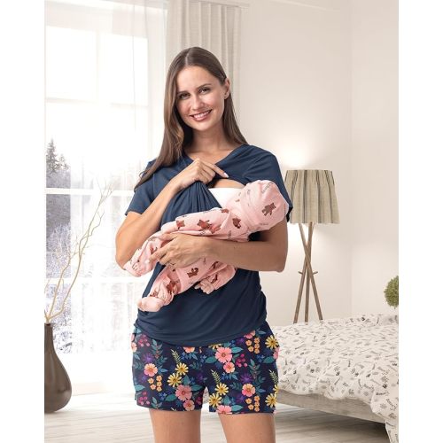 Rnxrbb 3 Piece Women's Maternity Nursing Pajamas Set V Neck Breastfeeding Pjs Sleepwear Postpartum Shorts&Pants Pockets