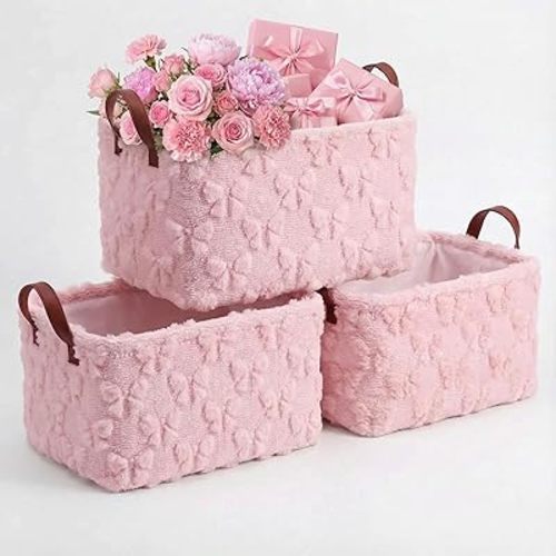 Kathfly 3 Pcs Bow Foldable Storage Baskets Pink Bow Plush Faux Fur Jacquard Design Laundry Basket with Handles Waterproof Storage Bins Fabric Shelf Baskets for Organizing Closet Clothes