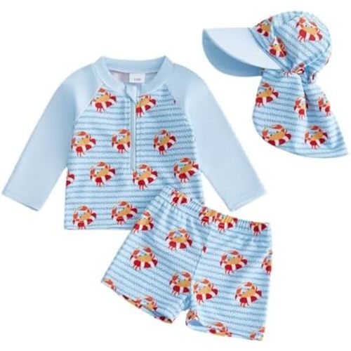 Toddler Boy 4th of July Swimsuit Long Sleeve Rash Guard Shirt Swim Trunks Sun Cap 3 Piece Baby Bathing Suit