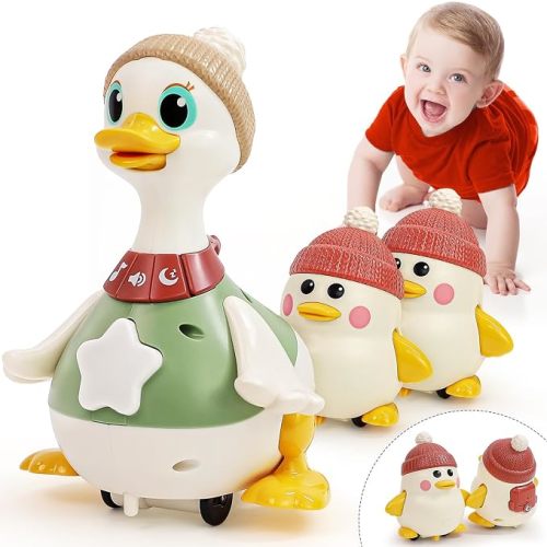 HOLA Musical Dancing Duck Toy Set with Mama and Babies, Tummy Time Baby Toys 6-12 Months, 2 Interactive Modes, Crawling Toys with Sounds & Lights, Birthday for 1 Year Old Boys Girls