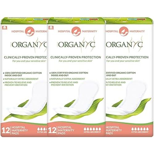 Organyc Hospital Postpartum Pads, 100% Certified Organic Cotton Inside and Out for Women, for First Days After Delivery, 3 Pack of 12 Count