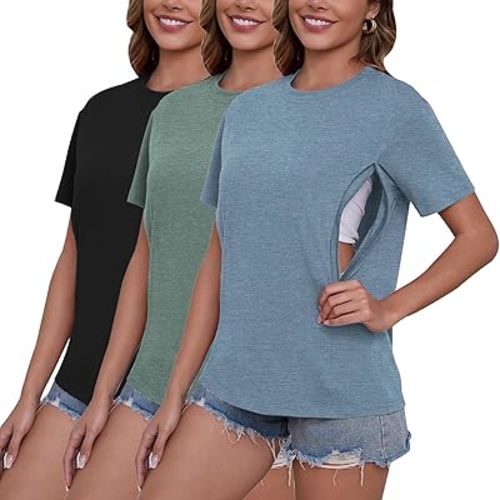 Ecavus Women's 3-Pack Nursing Shirts for Breastfeeding with Hidden Zippers Loose Fit Maternity Tops