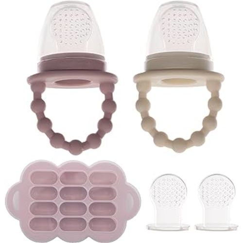 WeeSprout Silicone Baby Food Feeders + Freezer Tray for Batch Prep, Set of 2, Introduce New Foods Safely, Double as Silicone Teething Toys, Includes 2 Extra Food Pouches & Travel Lids, Dishwasher Safe