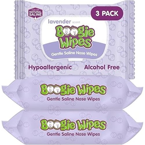 Saline Nose Wipes by Boogie, for Baby & Kids, Face, Hand & Body, FSA/HSA Eligible, Made with Vitamin E, Aloe, and Natural Saline, Lavender Scent, 30 Count (Pack of 3)