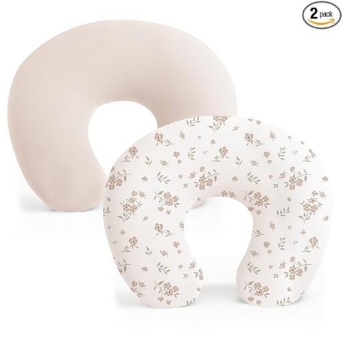 Konssy 2 Pack Nursing Pillow Covers, Stretchy and Soft Nursing Cover for Breastfeeding, Pillow Slipcover for Baby Girls Boys Newborn (Beige, Blossom)