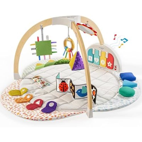 Move2Play, Montessori Inspired Wooden Kick & Play Baby Gym | Musical Piano | Thick + Soft Floor Mat | Tummy Time Activity Center | Play Mat for Newborns & Infants | Toys for Ages 0-6+ Months