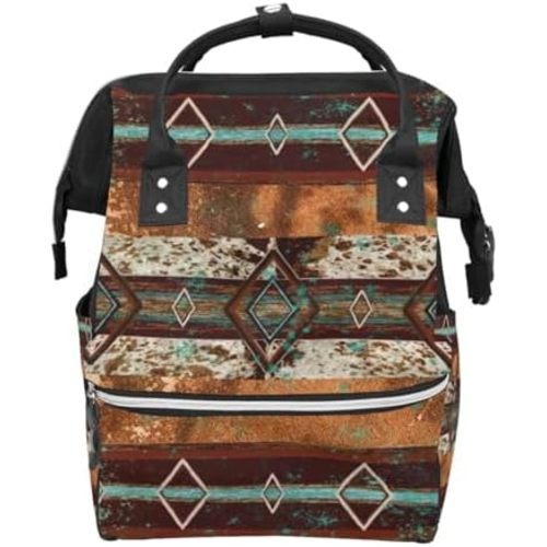 Western Aztec Cow Print Diaper Bag Travel Backpack Large Capacity Multi-Function Zipper Casual Backpacks for Mom Dad Unisex
